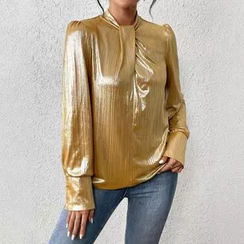 Летняя женская элегантная вечерняя стильная глянцевая плиссированная золотая длинная рубашка S золотистый