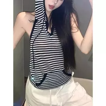 Летняя женская американская винтажная полосатая майка Harajuku Grunge Gyaru 2000-х годов, эстетика хип-поп-толстовки, топ, японская уличная одежда 2000-го года S чёрный