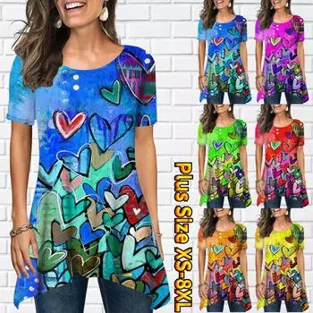 Летняя женская базовая модная и удобная уличная одежда, повседневный свободный топ с короткими рукавами и круглым вырезом под разрезом XS-8XL S