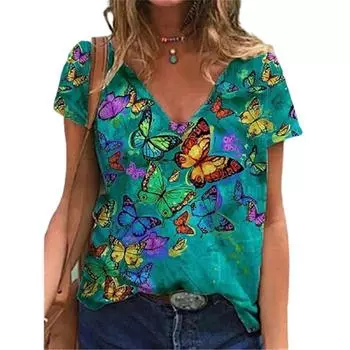 Летняя женская базовая рубашка, универсальная футболка с короткими рукавами, V-образным вырезом и принтом бабочки для женщин S