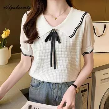 Летняя женская белая черная рубашка в консервативном стиле с воротником «Питер Пэн» и бантом, вязаная блузка с коротким рукавом, элегантная милая вязаная рубашка