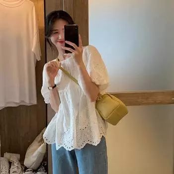 Летняя женская белая кукольная рубашка с французской вышивкой и короткими рукавами-пузырями с прорезями, 2025 Large белый