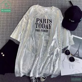 Летняя женская блестящая футболка в стиле ретро, уличная одежда, свободный топ с короткими рукавами, женский клубный топ в стиле хип-хоп, стильный яркий M белый