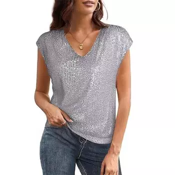 Летняя женская блестящая майка с V-образным вырезом и короткими рукавами, украшенная пайетками, праздничная рубашка, футболки женские S золотой