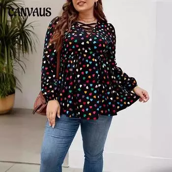 Летняя женская блузка больших размеров с красочным узором в форме сердца с рюшами и длинными рукавами L чёрный