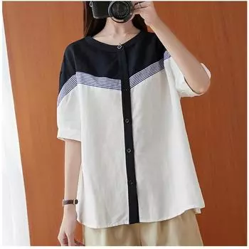 Летняя женская блузка большого размера, повседневная, топ, контрастный цвет, сращивание, хлопок, лен, круглая горловина, рубашка one size