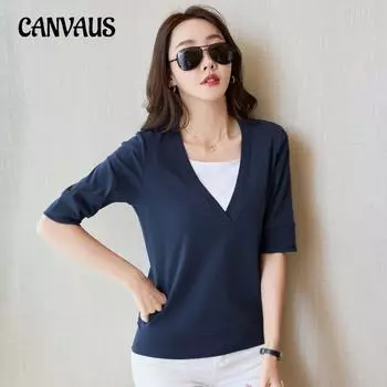 Летняя женская блузка, футболка с v-образным вырезом, топ с короткими рукавами S чёрный