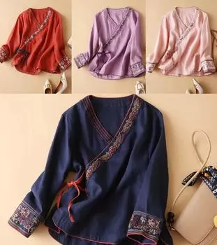 Летняя женская блузка из хлопка и льна с диагональной планкой и вышивкой в этническом стиле, свободная улучшенная ханьфу в литературном стиле ретро S красный