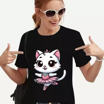 Летняя женская блузка, модные футболки, забавные кавайные топы с изображением танцующего кота, женские футболки с героями мультфильмов Harajuku Ulzzang, женская одежда S чёрный