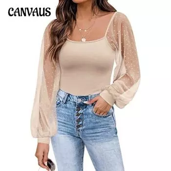 Летняя женская блузка, модный прозрачный топ с рукавами-фонариками и отделкой для похудения S чёрный