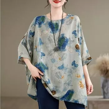Летняя женская блузка с цветочным принтом больших размеров, повседневная свободная блузка с рукавами «летучая мышь» и круглым вырезом для женщин One Size