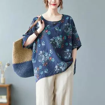 Летняя женская блузка с цветочным принтом больших размеров, повседневная свободная блузка с рукавами «летучая мышь» и круглым вырезом для женщин One Size