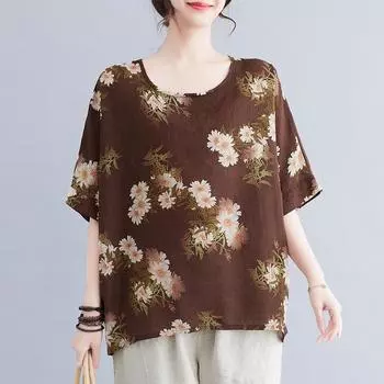 Летняя женская блузка с цветочным принтом больших размеров, повседневная свободная блузка с рукавами «летучая мышь» и круглым вырезом для женщин One Size