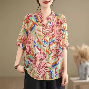 Летняя женская блузка с цветочным принтом в стиле ретро, свободная повседневная рубашка с коротким рукавом, топ L розовый