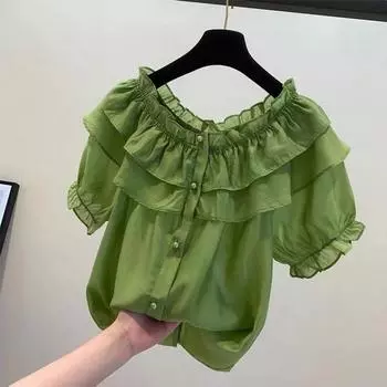 Летняя женская блузка с оборками и строчкой, женские однотонные шифоновые топы, праздничная рубашка с эластичным воротником, винтажный топ с короткими рукавами XXL белый