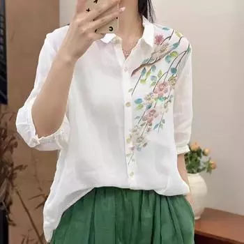 Летняя женская блузка с принтом, рубашка, льняная футболка с длинным рукавом, модный узор, зеленые топы, футболки, свободная повседневная белая рубашка One Size