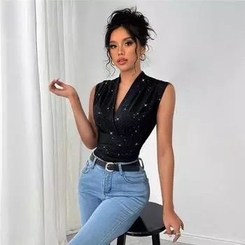Летняя женская блузка с V-образным вырезом без рукавов, элегантная, с блестящими пайетками, для вечеринок, мероприятий, повседневной носки, стильный и удобный сезонный наряд для женщин L чёрный