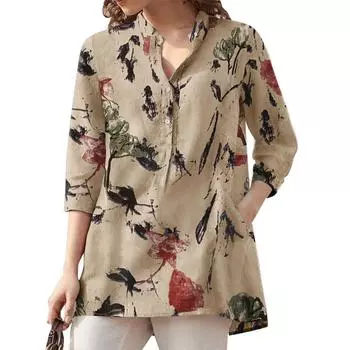 Летняя женская блузка с V-образным вырезом и семью рукавами, винтажная хлопковая рубашка S бежевый