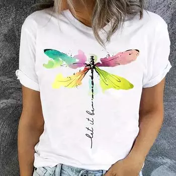 Летняя женская большая футболка с 3D-принтом и красочным узором стрекозы, большой топ S