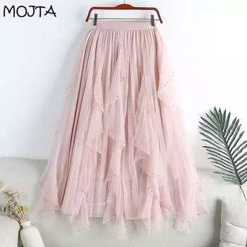 Летняя женская большая распашная юбка MOJTA, сетчатая эластичная юбка средней длины с высокой талией и эластичной строчкой, трапециевидная юбка средней длины one size розовый