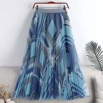 Летняя женская большая распашная юбка MOJTA, эластичная юбка трапециевидной формы средней длины с сетчатым принтом и высокой талией one size синий