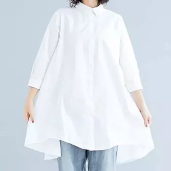 Летняя женская длинная рубашка с рукавом три четверти, белая, черная, свободная, верхняя блузка, повседневные рубашки с воротником с лацканами, нерегулярные рубашки L белый