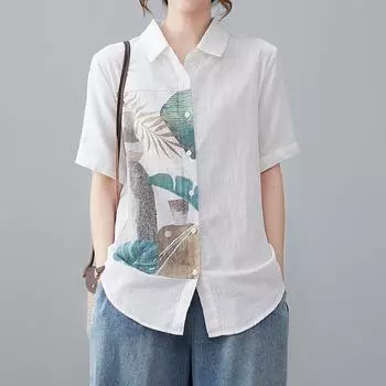 Летняя женская двухслойная хлопковая рубашка с принтом, литературные свободные рубашки с воротником с лацканами и короткими рукавами, белый топ M белый