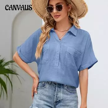 Летняя женская дышащая рубашка с коротким рукавом, пряжкой и карманом, V-образным вырезом S небесно-голубой