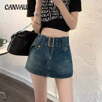 Летняя женская джинсовая короткая юбка Spice Girls Package Хип-юбка Повседневная юбка с высокой талией и брюками против ходьбы Юбка трапециевидной формы до половины тела Ультра короткая юбка S чёрный