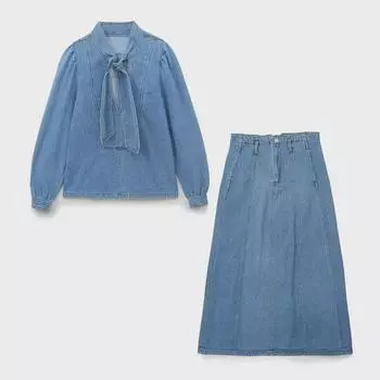 Летняя женская джинсовая рубашка с бантом в европейском и американском стиле 2024 года, юбка-накидка M