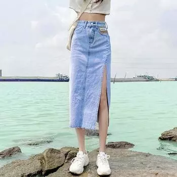 Летняя женская джинсовая юбка, классическая голубая винтажная повседневная джинсовая юбка с высокой талией, женская джинсовая юбка S чёрный