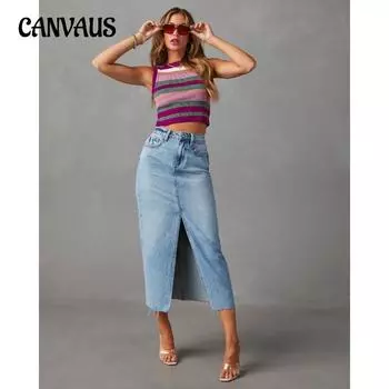 Летняя женская джинсовая юбка, ковбойская юбка с разрезом, юбка трапециевидной формы с высокой талией, юбка средней длины S синий