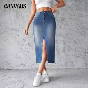 Летняя женская джинсовая юбка с разрезом на бедре, юбка трапециевидной формы, тонкая полуюбка S синий