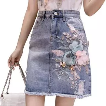 Летняя женская джинсовая юбка с высокой талией и цветочным узором из бисера и вышивкой, узкие джинсовые юбки S синий