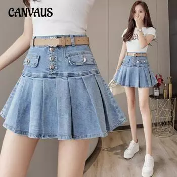 Летняя женская джинсовая юбка с высокой талией, короткая юбка, модная короткая юбка, джинсовая плиссированная юбка S синий