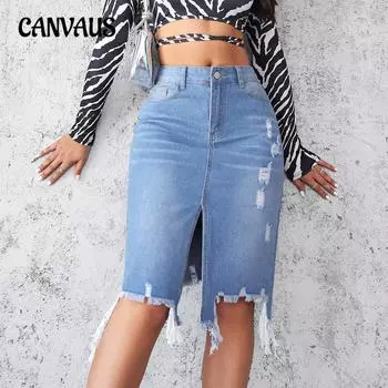 Летняя женская джинсовая юбка, темперамент, юбка средней длины с нерегулярными отверстиями и кисточками S
