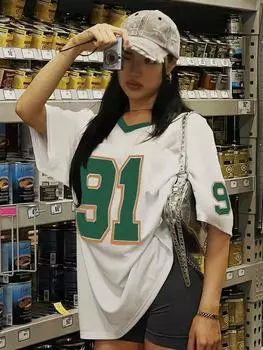 Летняя женская футболка № 91, футболка для пары с 3D-принтом, дышащая футбольная майка, высокое качество, топы, свободные повседневные футболки с V-образным вырезом, уличная одежда XS