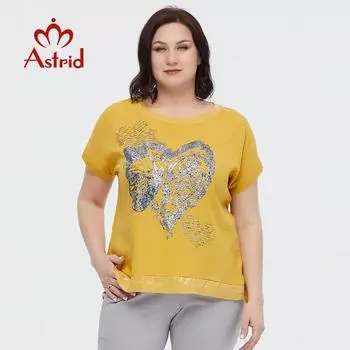 Летняя женская футболка Astrid, новинка 2023 года, хлопково-льняной топ, футболка большого размера с короткими рукавами, модная женская одежда с принтом и пайетками 48 красный