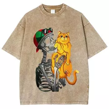 Летняя женская футболка белая оверсайз с принтом кота-черепа топ унисекс смешная повседневная ретро с коротким рукавом распродажа женской одежды S