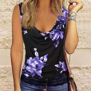 Летняя женская футболка без рукавов с цветочным принтом и ворсовым воротником L