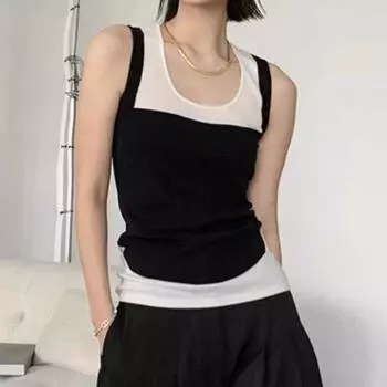 Летняя женская футболка без рукавов с U-образным вырезом, черно-белая, тонкая, повседневная, простая, из ледяного шелка, трикотажная жилетка, модные, элегантные, облегающие майки 3010 One Size чёрный