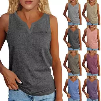 Летняя женская футболка без рукавов с v-образным вырезом и манжетами, сплошной цвет, карман, повседневная футболка в уличном стиле, топ, жилет XL фиолетовый