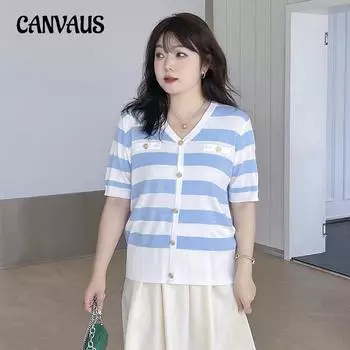 Летняя женская футболка больших размеров, дышащая рубашка из ледяного шелка, трикотажная рубашка в полоску, тонкая блузка с v-образным вырезом и короткими рукавами L чёрный