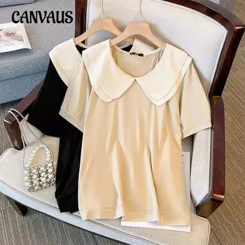 Летняя женская футболка больших размеров, хлопковая футболка с короткими рукавами и кукольным вырезом, простая футболка 2XL чёрный