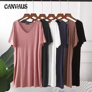 Летняя женская футболка больших размеров из модала с V-образным вырезом, свободная, средней длины, с короткими рукавами, однотонное повседневное платье L чёрный