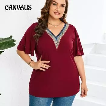 Летняя женская футболка больших размеров, кружевная однотонная футболка с v-образным вырезом, топ с короткими рукавами L красный