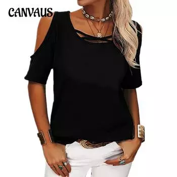 Летняя женская футболка больших размеров, модная повседневная однотонная свободная футболка без бретелек с коротким рукавом S чёрный