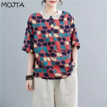 Летняя женская футболка больших размеров MOJTA из тонкого хлопка с короткими рукавами и принтом one size красный