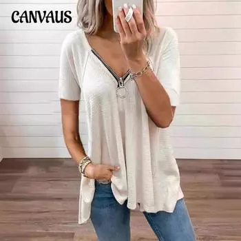 Летняя женская футболка больших размеров, повседневная футболка, однотонные свободные топы с короткими рукавами и v-образным вырезом на молнии S чёрный