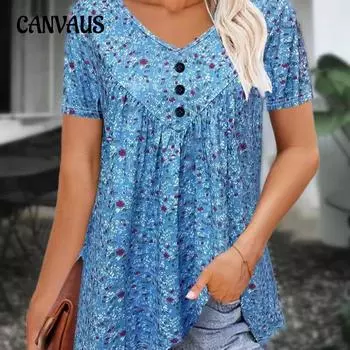 Летняя женская футболка больших размеров с цветочным принтом и v-образным вырезом, повседневный топ на пуговицах с короткими рукавами S чёрный